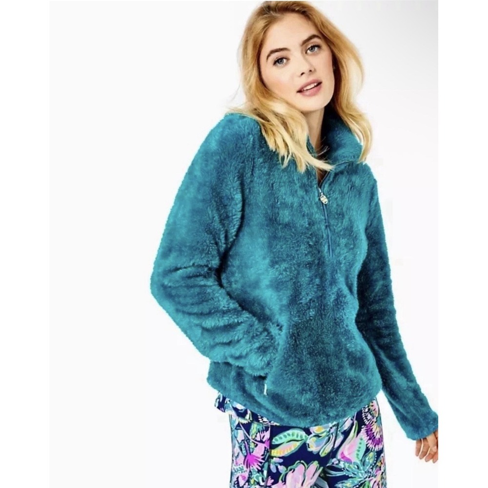 LILLY PULITZER Quarter Zip Sherpa Jacket M Skipper Sweater Teal Blue #006715